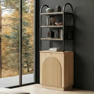 Yechen Modern 71" Arched Bookcase with Reeded Design Doors, 7-Tier Tall Bookshelf with Storage and Cabinet, Wood Open Adjustable Shelves Metal Frame, for Living Room, Office, Library, (Natural Oak, Walnut)