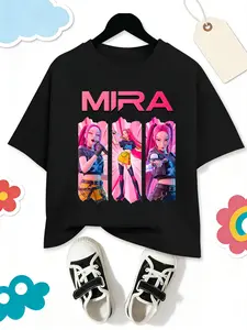 Girls Kpop Demon Hunters Korean Series Short Sleeve Graphic Tee, Mira Exclusive Gradient Cartoon Print, Summer Casual Outdoor Wear