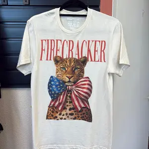 American Tshirt with Firecracker Design and Leopard Print