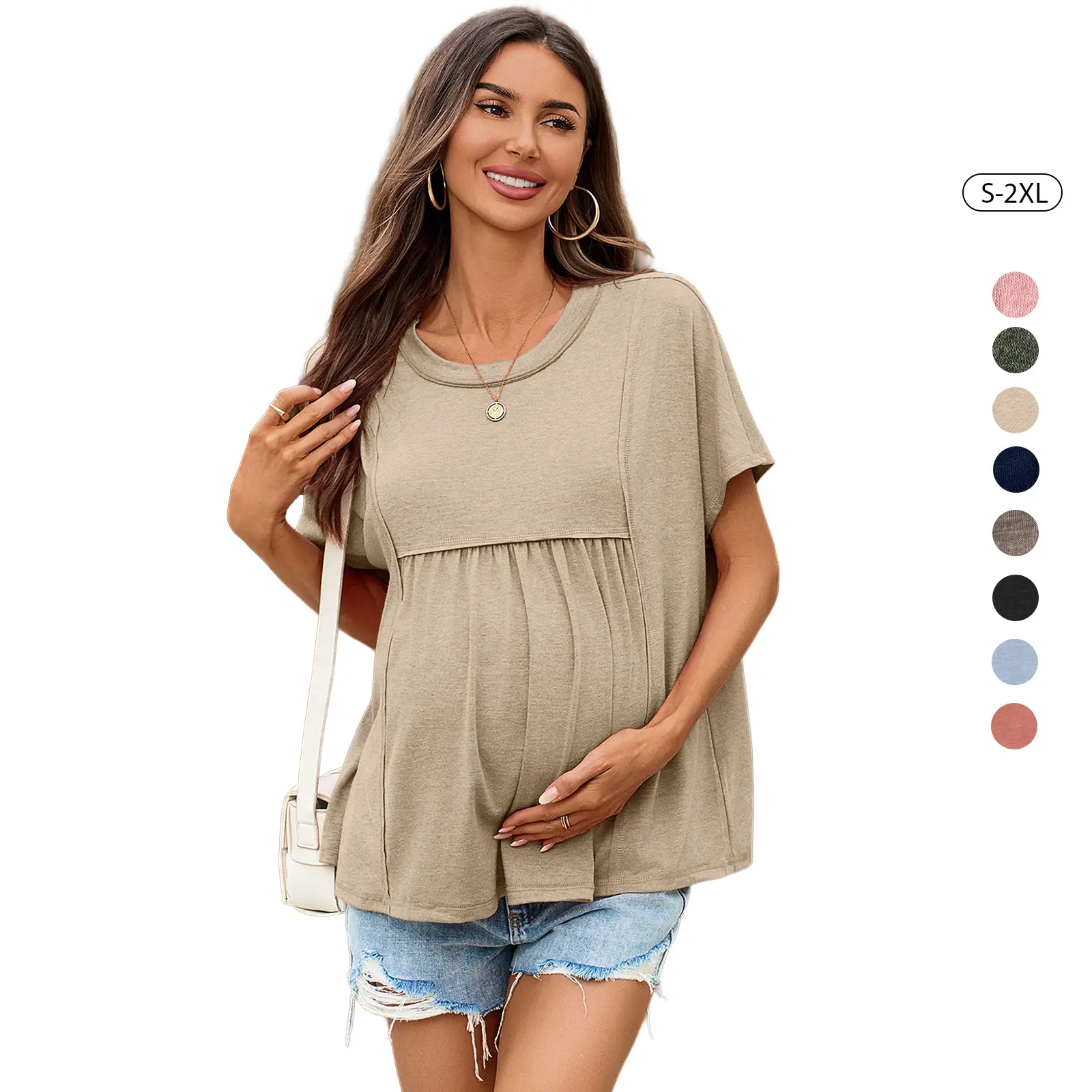 Tankaneo Womens Maternity Tops Summer Batwing Short Sleeve Casual T Shirts Oversized Pleated Pregnancy Clothes
