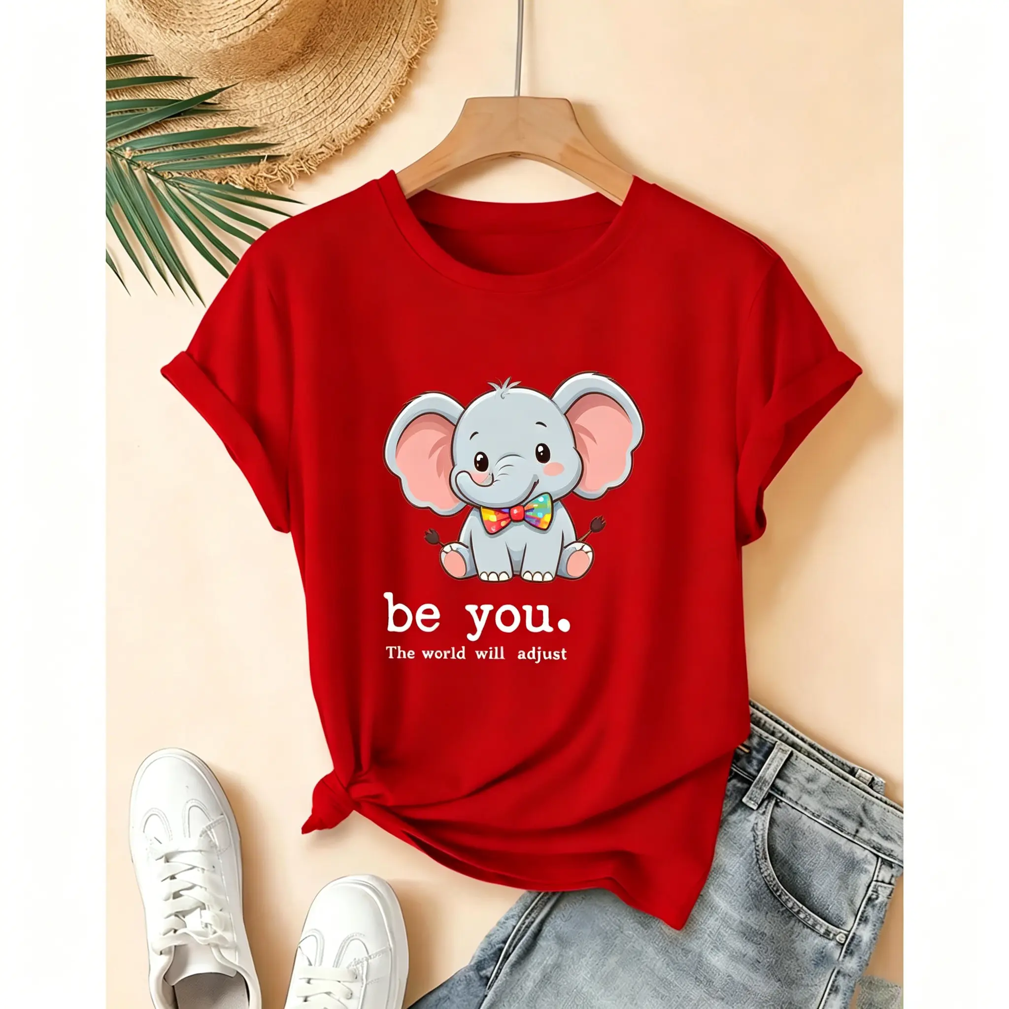 Women's Unisex Oversized Cute Elephant-with-Bow-Tie Printed Short-Sleeve Cotton T-Shirt - Soft Drop-Shoulder Streetwear Top, Be You Inspirational Tee, Juneteenth 2026 Flag Anniversary, Independence Day Back-to-School Casual Animal Top, Shortsleeve