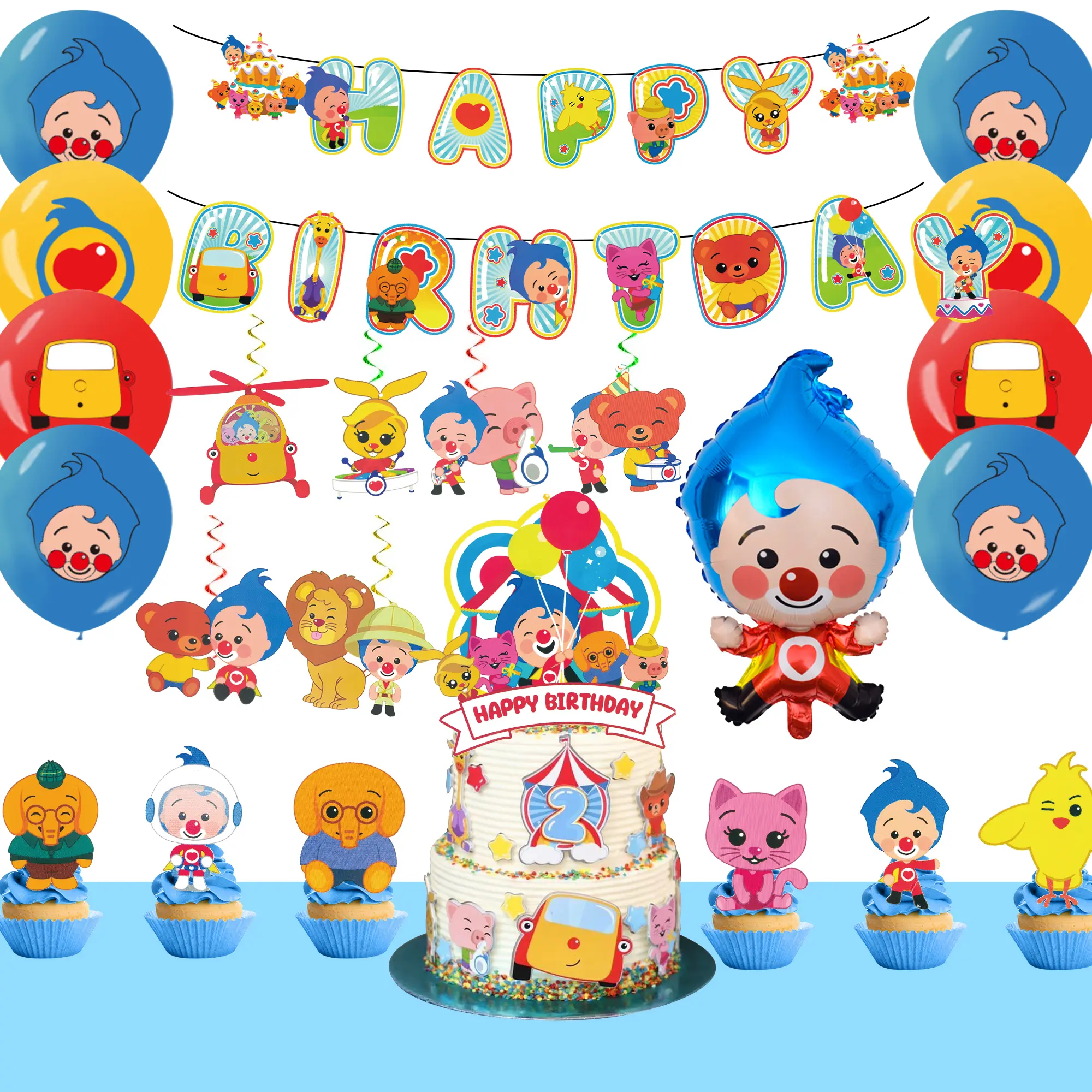 DECEAUTIFY Cartoon Clown Magician Birthday Party Supplies Pack - Banner, Cake Toppers, Balloons for Kids' Themed Home Decorations