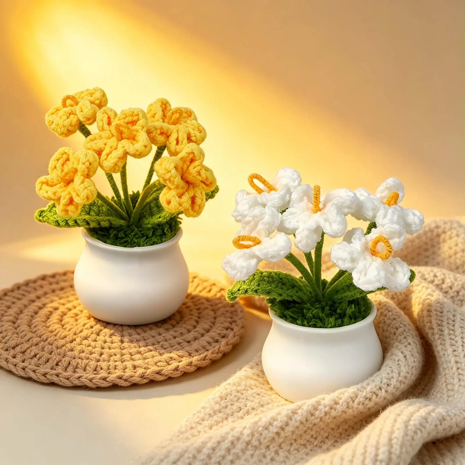 Handmade Crochet Forget-Me-Not Flower Pot - Cotton Decorative Mini Artificial Plant, Kitchen & Home Office Table Decoration, Teacher Appreciation Thank You Gift for Women