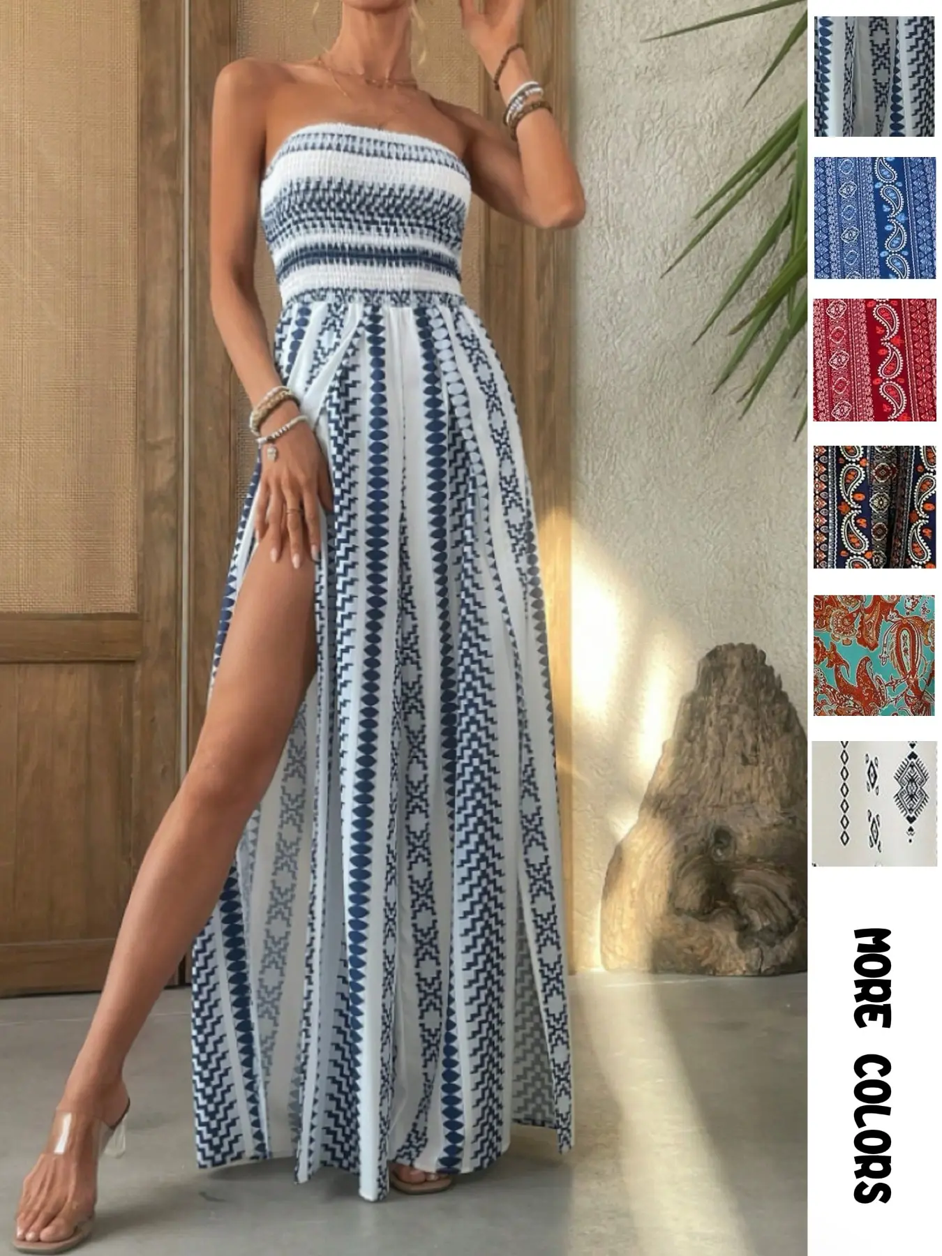 Spring Summer Boho Aesthetic Halter Romper, Beach Vacation Essential Beachwear, Womenswear, High Waist Lightweight Thin Loose Fit, Slit, All over Print, Casual Style