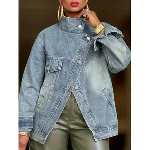 Women's Vintage Washed High Neck Asymmetric Button Loose Denim Jacket Street Style Trendy Versatile Top for Spring Autumn Winter Seasons Coats(Raincoats)