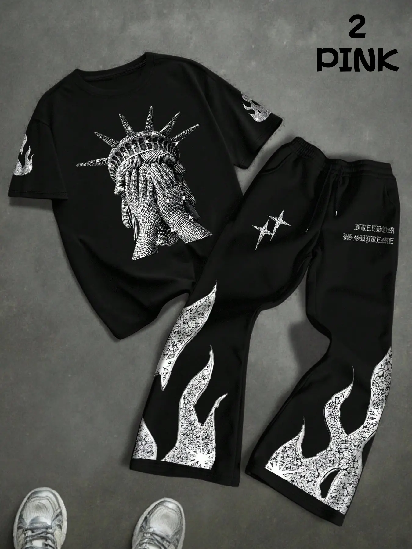Men's Two-Piece Set, Outfit, Short Sleeve Tee & Pants, Liberty Head Print, Silver Color Flame Star Design, Casual Fashion, All Seasons Wear