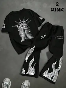 Men's Two-Piece Set, Short Sleeve Tee & Pants, Liberty Head Print, Silver Color Flame Star Design, Casual Fashion, All Seasons Wear