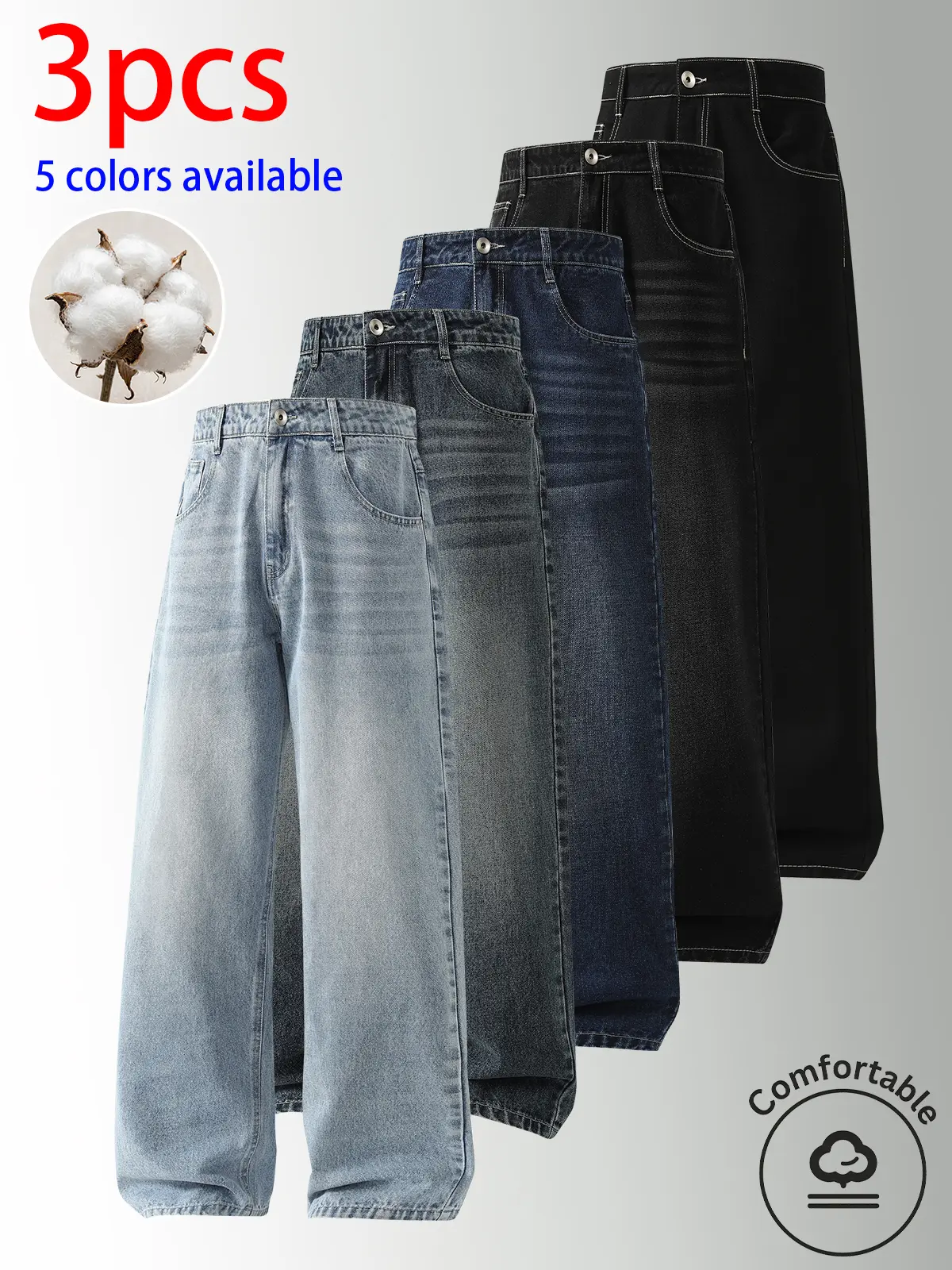 3-pack men’s jeans: men’s long pants, men’s jeans. Washed straight-leg loose fit; available in multiple colors. Versatile—easy to match and not style-specific. Suitable for everyday supermarket shopping, commuting to work/school, short trips, and travel.