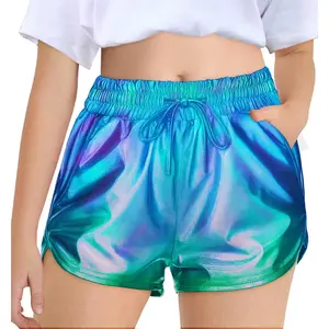 Haloumoning Girls Metallic Shorts Sparkly Dance Outfits Elastic Drawstring Shiny Hot Short Pants 5-14 Years