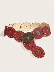 Women's Boho Vintage Western Style Wide Belt, Western Concho Belts, Copper Color Rivet Decoration, Oval Carving Buckle, Perfect for Dresses, Parties, Gifts, Rivet Decorated Belt, Statement Belts
