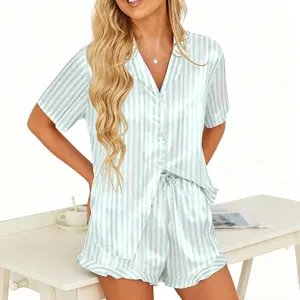 Loungewear Women's Satin Pajamas Set Button Down 2 Piece Silk Pjs Shorts Set Ruffle Lingerie Notch Collar Sleepwear Basic Homewear Minimalist Shortsleeve