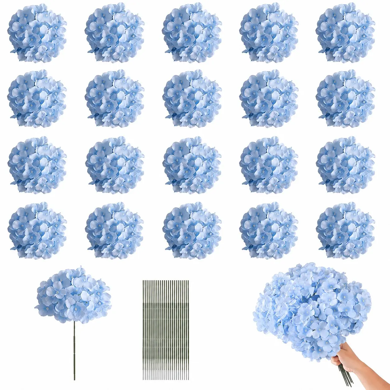 20 Pcs Blue Artificial Hydrangea Bouquet, Artificial Flower Decorations, Realistic Silk Hydrangea Flowers with Stems, Bulk Fake Flower Heads for Wedding Home Decor, DIY Arrangements & Event Styling, Ideal for Brides, Crafters & Home Decor Lovers
