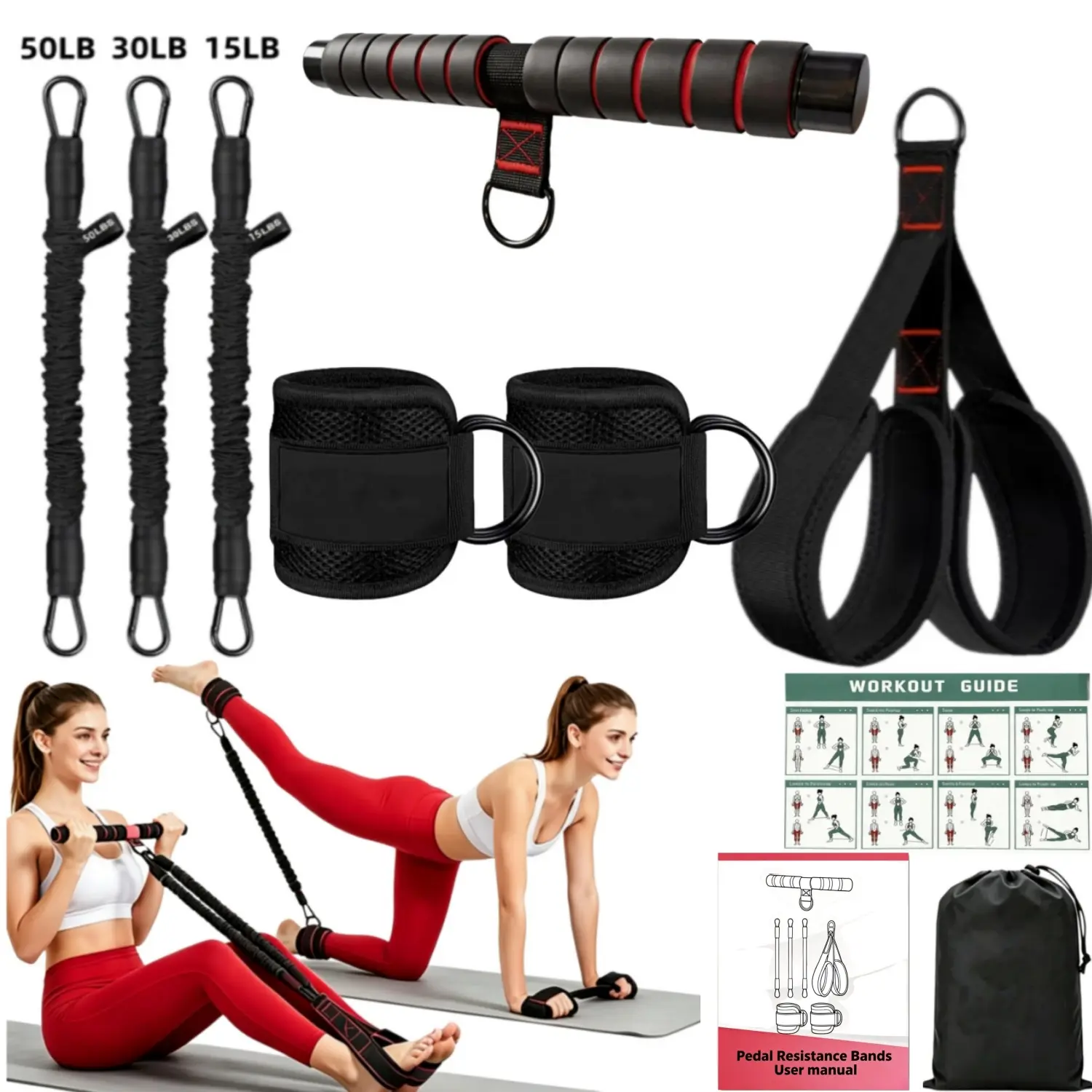 Weight Lifting Assist Band, Sports & Outdoor Fitness Weight Training Support Accessory，Pilates Bar Resistance Band Set, Portable Home Workout Equipment with 3 Adjustable Resistance Bands, Ankle Straps