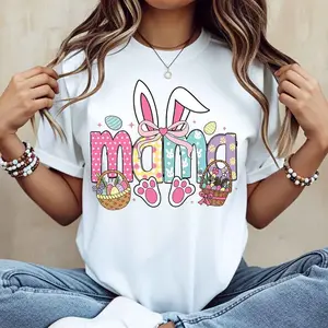 Easter Bunny Mama T-Shirt White Easter Bunny Ears Basket And Paw Prints Mom Design For Spring Celebration A312