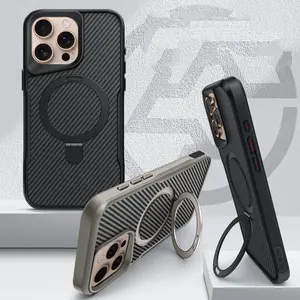 Magnetic Bracket Phone Case Casing, 1 Count Carbon Fiber Pattern Phone Protective Cover, Smartphone Cellphone Accessories Compatible with iPhone 16 15 14 13 12