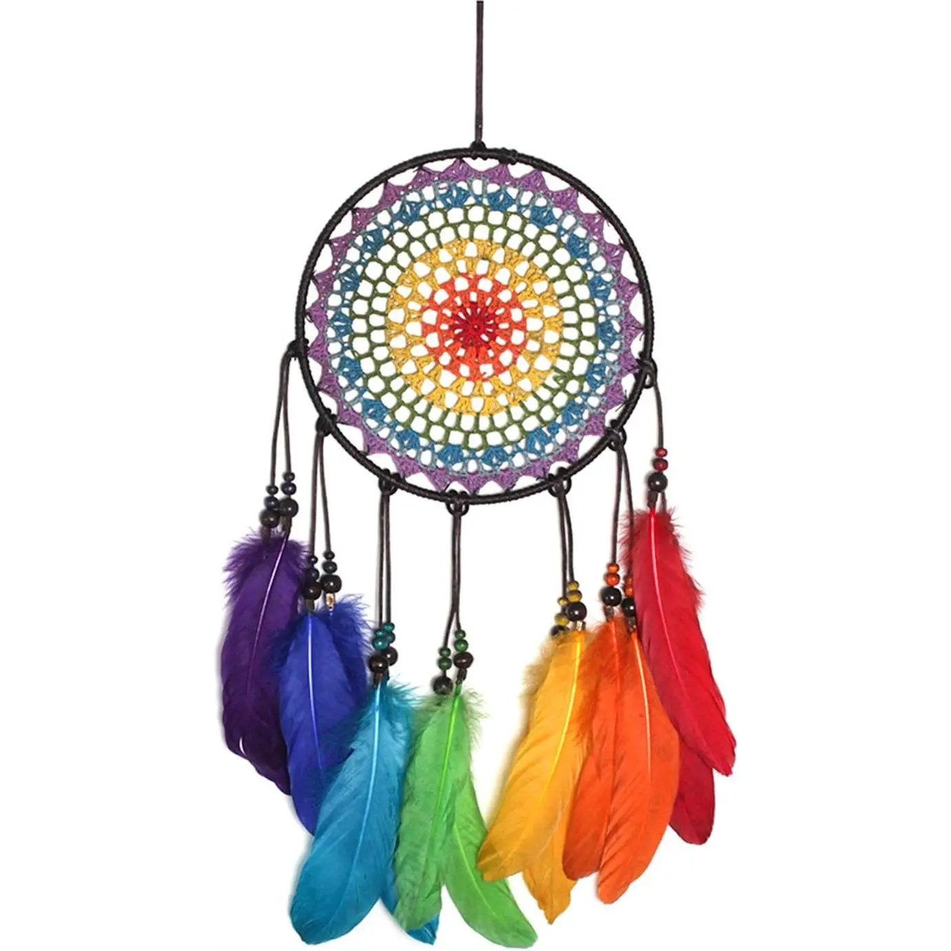 Handmade Hanging Mesh Dream Catcher Wall Decor Kit - Wall Mount, Feathered Beads Pendant, Rainbow Ornament - Valentines Day Wedding Gift for Bedroom Living Room