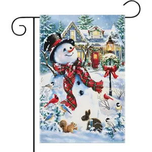 12 x 18 Inches Christmas Snowman Garden Flag – Double-Sided Linen Winter Yard Flag with Snow Scene, Bunny, Birds, and Squirrel for Holiday Outdoor Decoration