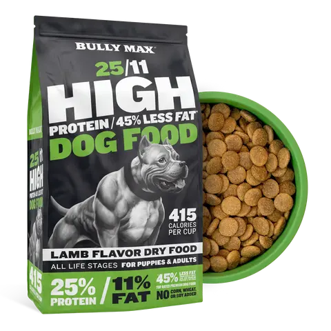 Bully Max High Protein-Low Fat Universal Dog Food Kibble - 25/11 Nutrient Ratio, Chicken-Free Lamb Flavor, 415 Calories/Cup, Muscle Growth, Lean Body Support, Immune Booster, L-Ascorbyl-2-Polyphosphate (Vitamin C Source)