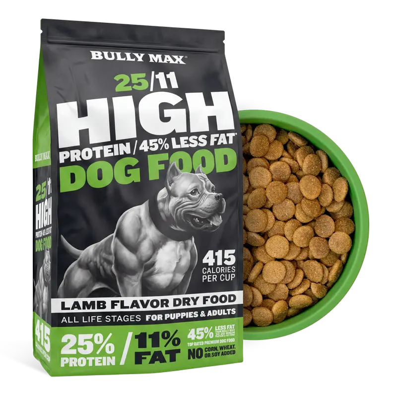 Bully Max High Protein-Low Fat Universal Dog Food Kibble - 25/11 Nutrient Ratio, Chicken-Free Lamb Flavor, 415 Calories/Cup, Muscle Growth, Lean Body Support, Immune Booster, L-Ascorbyl-2-Polyphosphate (Vitamin C Source)