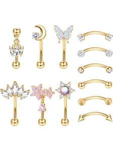 12 Pcs Rook Piercing Jewelry for Women and Men, Nose Piercing Jewelry, Nose Rings Set, Stainless Steel Curved Barbell with Rhinestone, 16g Earrings for Cartilage and Daith, Nose Piercings Kit