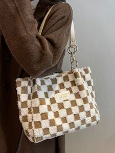 Niche contrasting color checkerboard plush shoulder tote bag, retro chain decorated small square bag, soft and glutinous texture fashionable casual versatile shoulder handbag, suitable for daily travel, etc., Checkerboard Pattern Purse