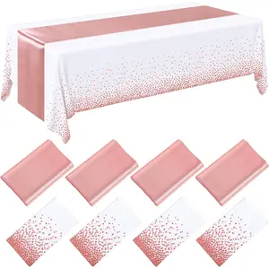8 Pack White and Rose Gold Disposable Plastic Tablecloths and Satin Table Runner Set, 54 x 108 Inch Tablecloth, 12 x 108 Inch Table Runners for Wedding Graduation Birthday Baby Shower New Year