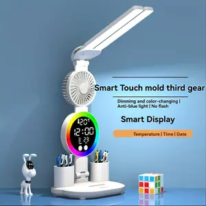 Smart Desk Lamp with Fan and Pen Holder 2 Head Optional USB Powered Touch Control Dimmable LED Light with Time Temperature Display Color Changing Eye Protection for Home Office Dorm Study Modern Design