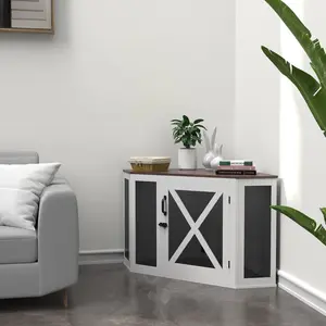 Topwin Wood Corner Dog Crate Furniture – Stylish Indoor Pet Crate with Mesh Design for All Breeds, Black & White Finish