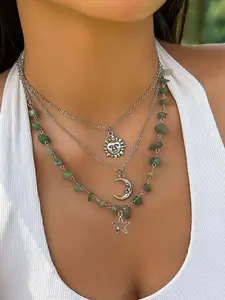 Fairycore 3-Piece Set Star Moon Sun Pendant Necklace, Trendy Astrology Jewelry, Perfect Gift for Dreamers, All-Season Fashion Accessory, Beaded Necklace