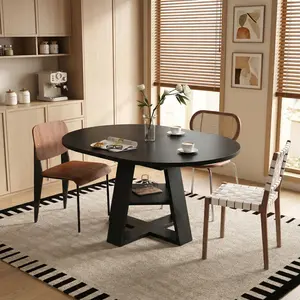 43.3in-59in Extendable Round Dining Table for 4-8, Modern Kitchen Oval Dining Table with Removable Leaves Space Saving,Wood Base with Storage Shelf for Kitchen Living Room (Black)