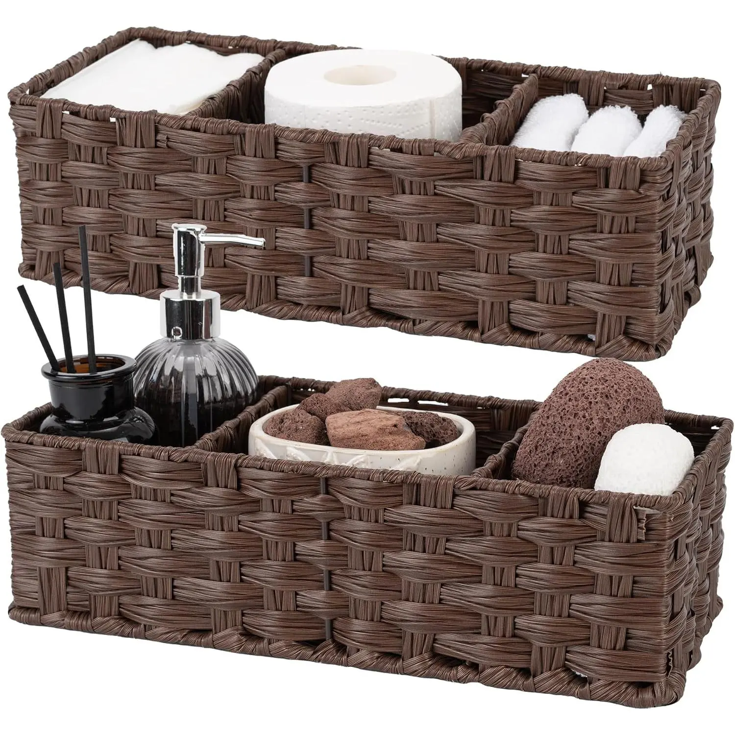 P-SBB014   Bathroom Baskets for Organizing, Wicker Baskets for Shelves, Toilet Storage Basket with Dividers, Small Basket for Organizing, Brown, 2-Pack Organiser Plastic