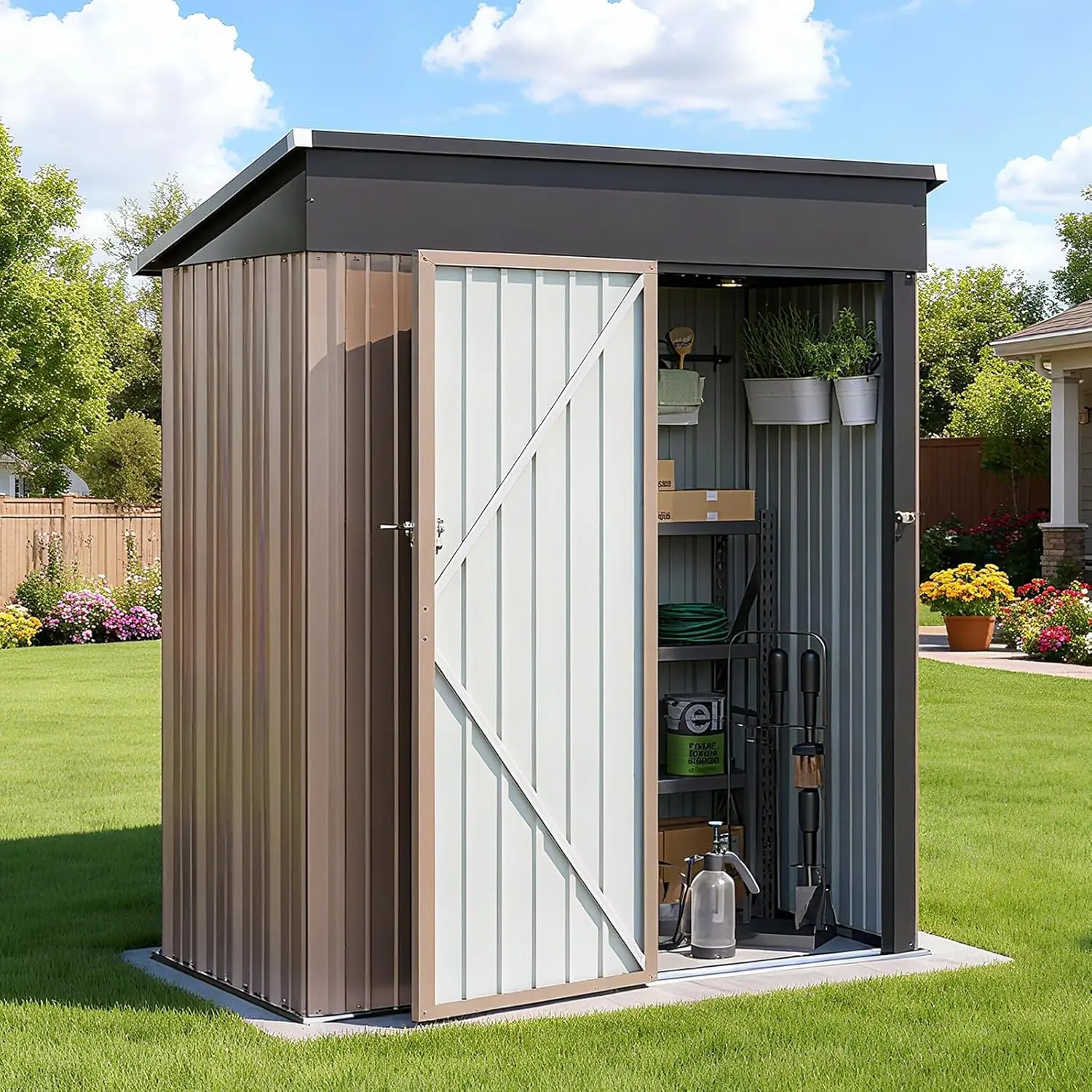 Aoxun Sturdy Compact Modern Metal Outdoor Storage Shed (5'x3'/5.3'x3'), Lockable Garden Tool Cabinet with Sloping Roof, Easy-Slide Doors, Ventilation Panels, Compact Yet Spacious Small Space Home Improvement Solution