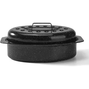 13” Small Oval Roasting Pan With Lid, Ideal for 7 Lb Turkey Chicken Lamb Beef Vegetables Casserole and Bread