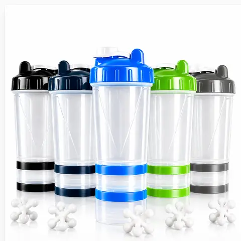 15oz Protein Shaker Bottle BPA-Free with Mixing Ball 2 Storage Jars Measurement Markers for Gym Supplements Pre-Workout Travel Essentials mix