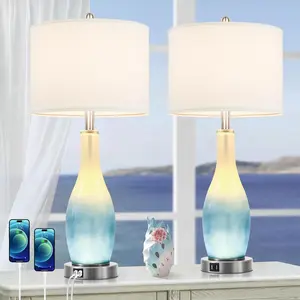 26in Tall Glass Table Lamps Set of 2 with 2 USB Charging Ports & LED Nightlight, Large Coastal Table Lamps for Living Room End Table, Modern Beach Lamps for Bedroom Bedside Nightstand