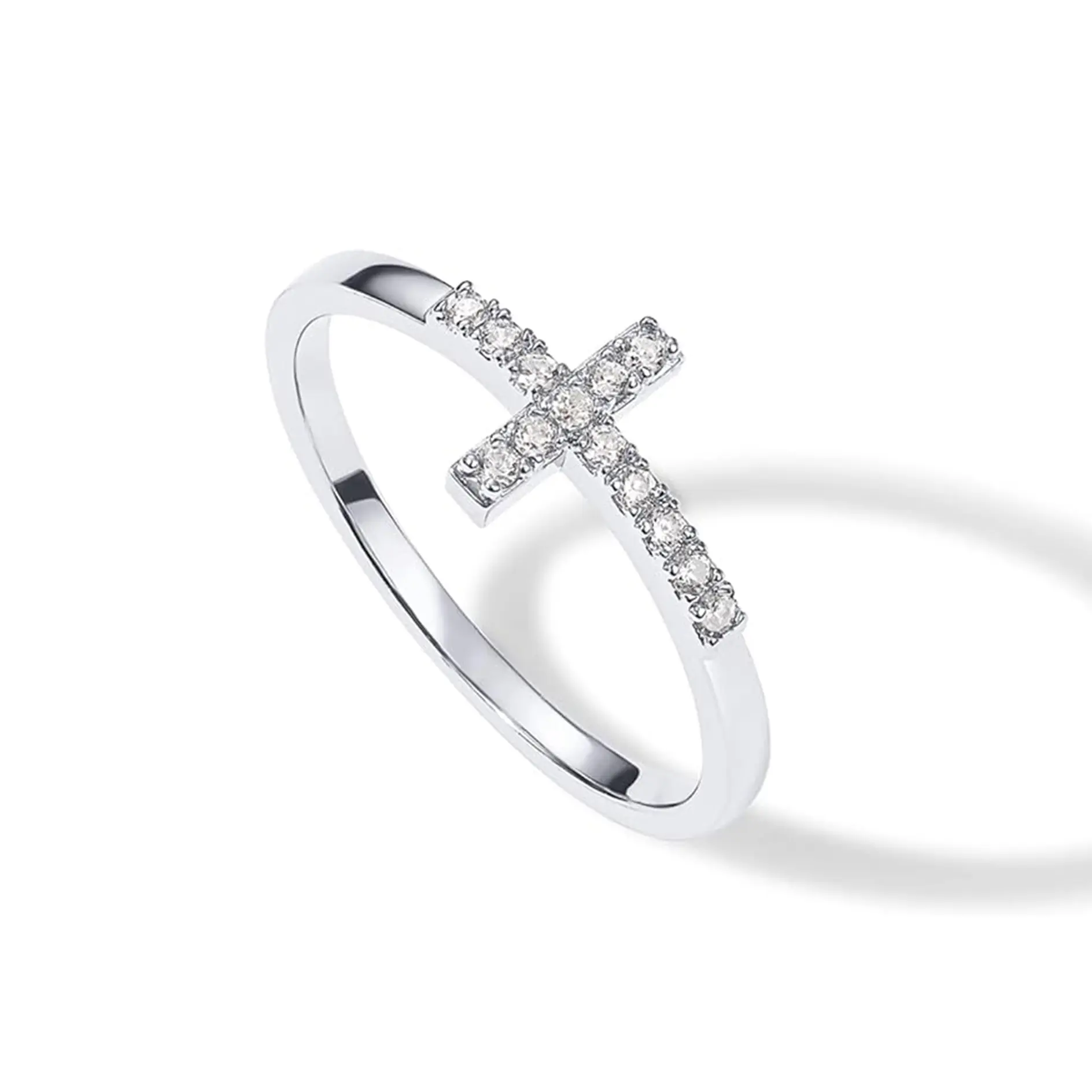 Silver Tone Cross Ring for Women, Platinum Plated CZ Pave Cross Ring, Adjustable Thin Stackable Band, Minimalist Everyday Jewelry, Easter Birthday Christmas Gift Thin Band Rings