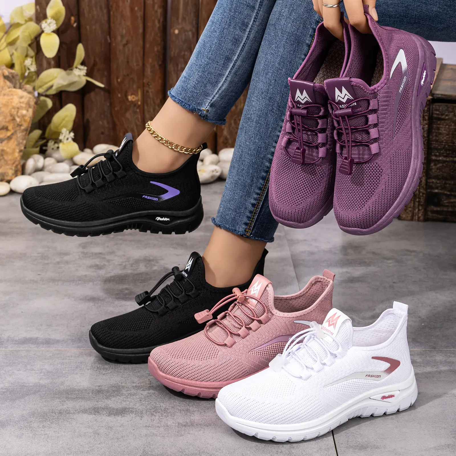 Women Breathable Fly Knit Walking Shoes Slip On Non Slip Lightweight Comfort Casual Sneakers for Elderly Ladies Daily Walking Shopping