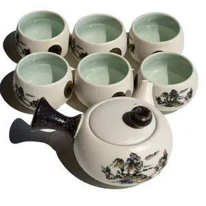 Porcelain Tea Set 7pcs,Teapot 3oz,Extra 6 Teacup, Anti-scalding Snowflake Glaze Pot Cups Suit Kettle for Loose Tea, Bagged and Flowering Teas