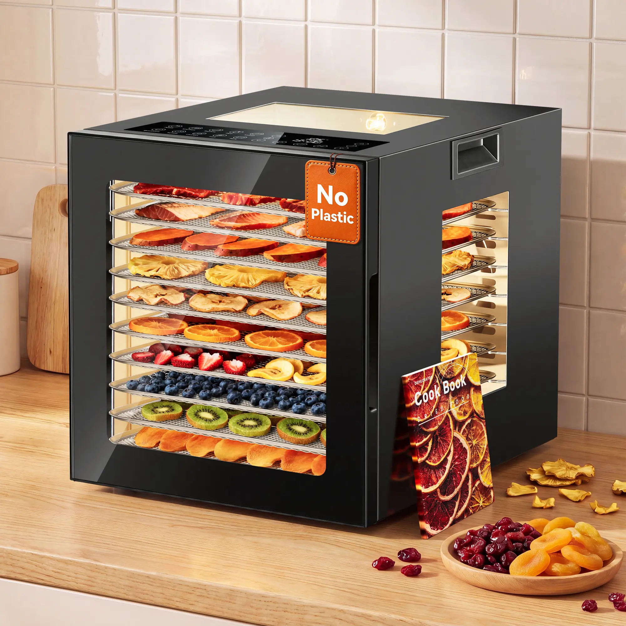 Manastin Kitchen Food Dehydrator Machine - 10 Stainless Steel Trays, 850W Power Touch Screen, 95-167℉, 48H Timer, 10 Presets, Overheat Safe, Dehydrate Foods for Meat Jerky, Fruit, Dog Treats, Black