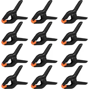 12 Pack Plastic Spring Clamps, Small Heavy Duty Clips for Crafts, Backdrop Stand, Woodworking, Photography Studios (Black)