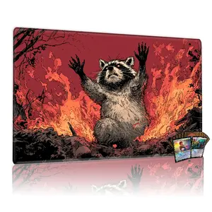 Raccoon in Fiery Chaos MTG Playmat - 12x24in Non-Slip Gaming Mouse Pad, TCG Compatible for Card Game Enthusiasts, Family Gathering & Gift, Distress Desperate Burning Scene Design