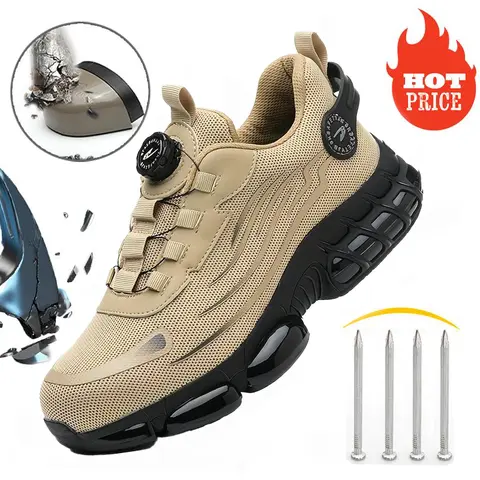 Reinforced Heel Men's Breathable Mesh Work Sneakers Steel Toe Protection Anti-Slip EVA Sole Durable Safety Shoes Comfort Fit All Seasons Casual Striped