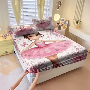 Dancing Little Girl Printed Bed Cover Set 3-piece, Flower Printed Bedding, all season mattress protective cover, bedsheet, deep mouth design, breathable bedding, bedroom and guest room decoration