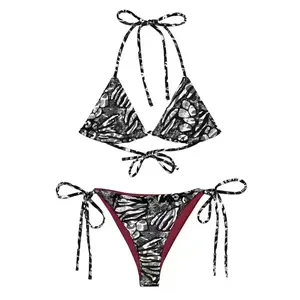 Black White Skull Zebra Mixed Print Bikini Set Triangle Halter Top Tie Side Bottom Gothic Dark Halloween Beach Summer Pool Party Spooky Swimwear Comfy 2 Piece Bathing Suit