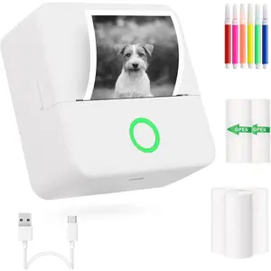 Thermal Pocket Printer Portable Inkless  Mini Sticker  Lable Printer Pictures Print for Scrapbook Journal Sticky Label with 6 Rolls Thermal Paper