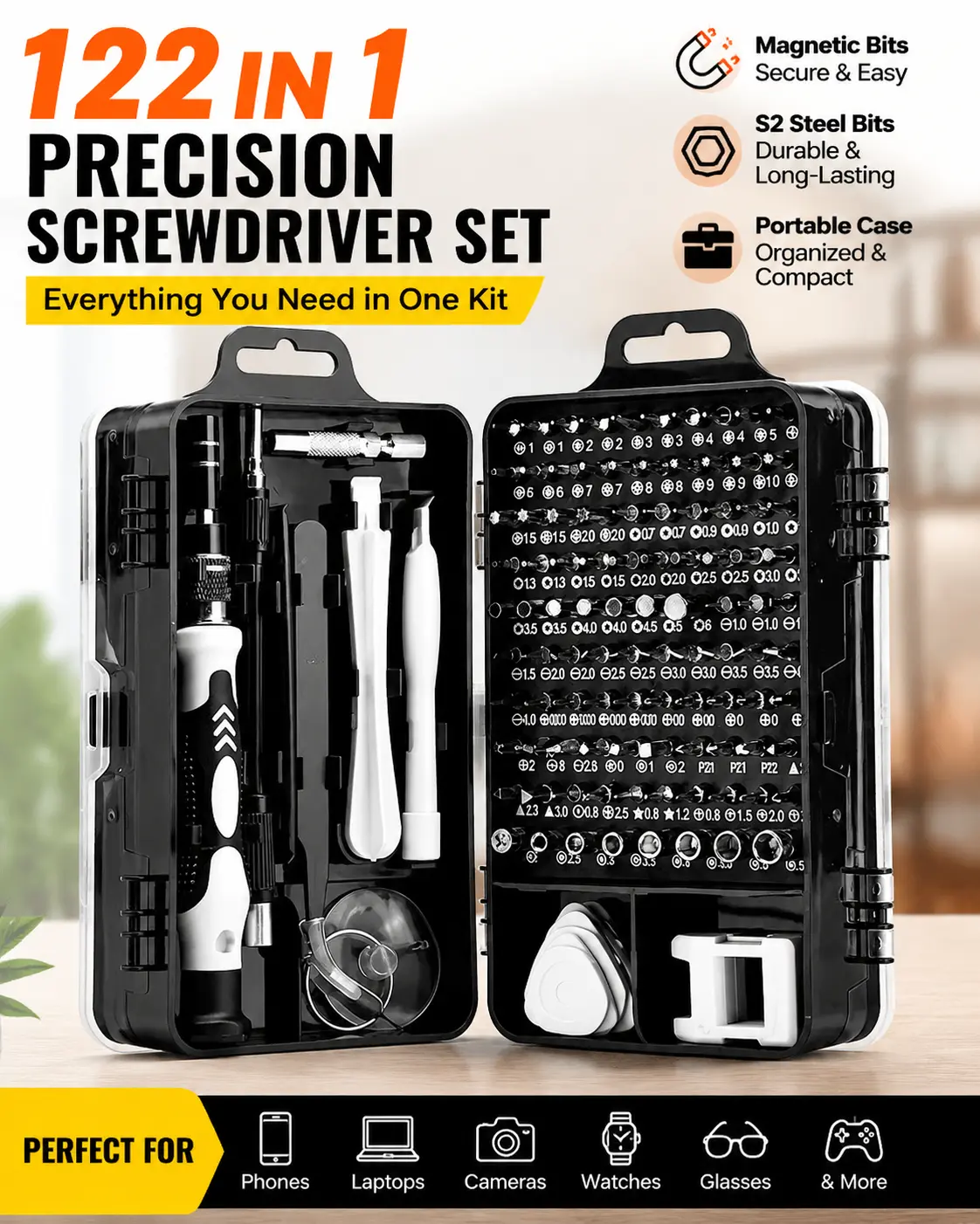 122PCS Professional Screwdriver Tool Kit Set - Repair Tools for Phones, Computers, Everyday Fixes