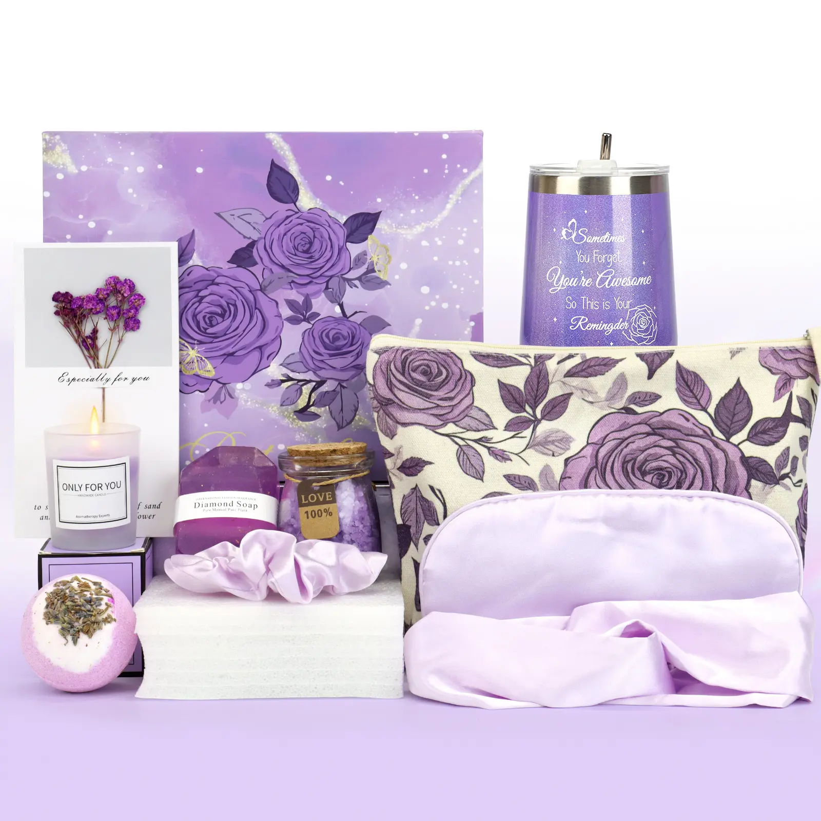 Lavender Scented Relaxing Bath Set - 16oz Multi-Pack Body Beauty Set, Body Care Pack for Coworkers with Soap, Mask, Storage, Greeting Card for Stress Relief - Mother's Birthday Gift