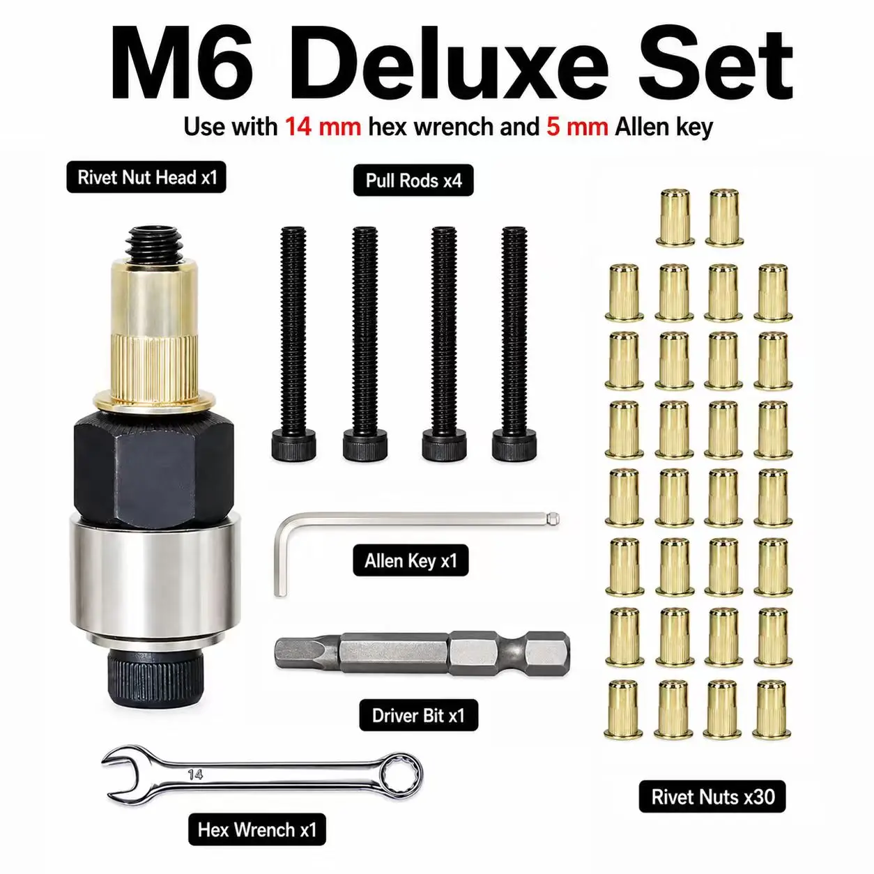 M6 Rivet Nut Tool Kit, Threaded Insert Nut Setter Set with 30 Brass Rivet Nuts for DIY Metal Repair