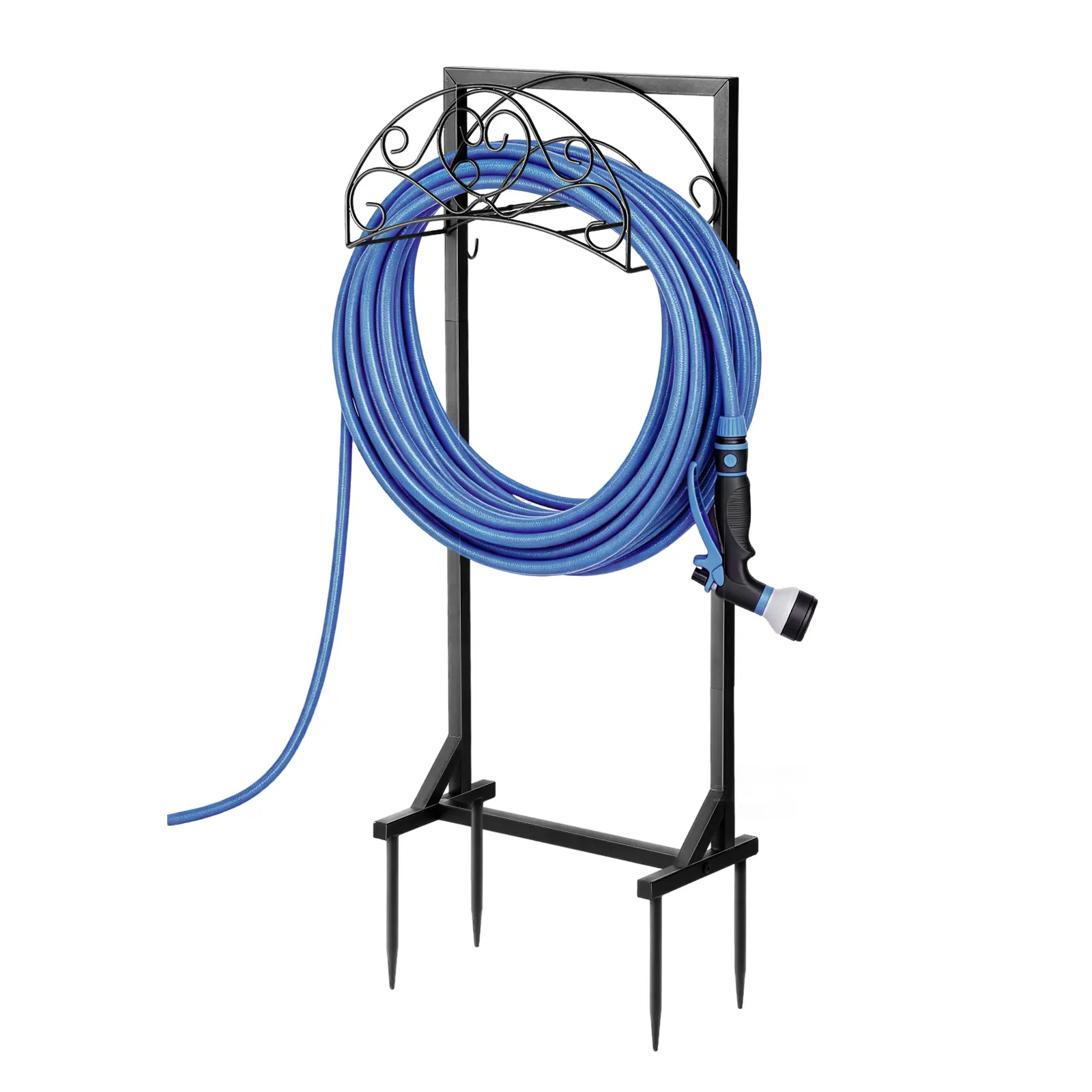 WGCTEK Garden Hose Holder, Freestanding Heavy Duty Water Hose Holder for Outside,Upgraded Metal Hose Stand with 4 Spikes, Detachable Garden Hose Storage Hose Reel Rack, Black