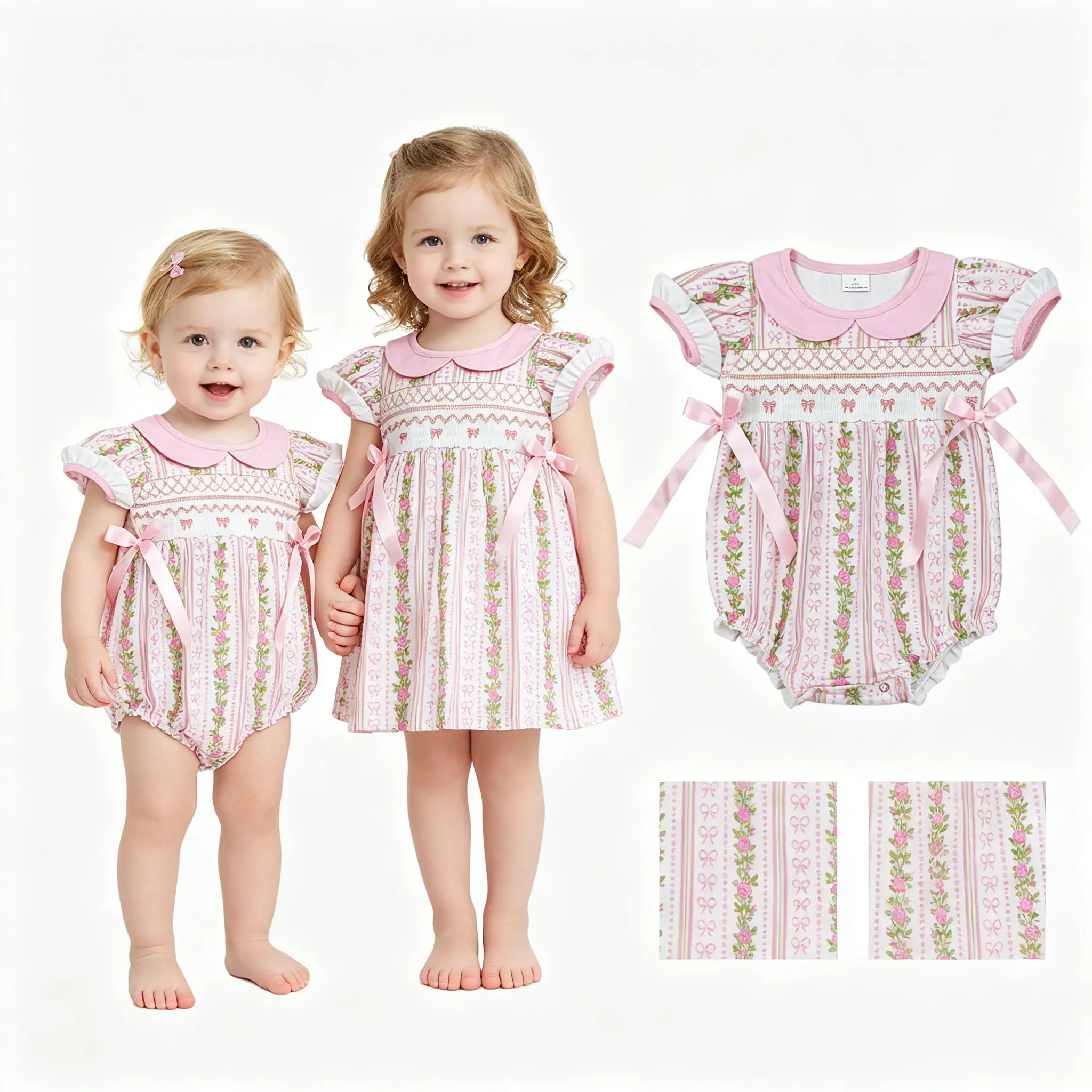 Baby Girl Summer Bubble Bows Smock Girl Summer Romper Birthday Clothes